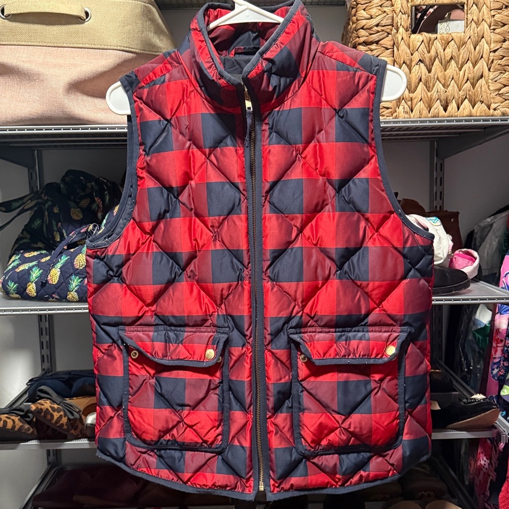 J. Crew Navy and Red Buffalo Check Quilted Vest
